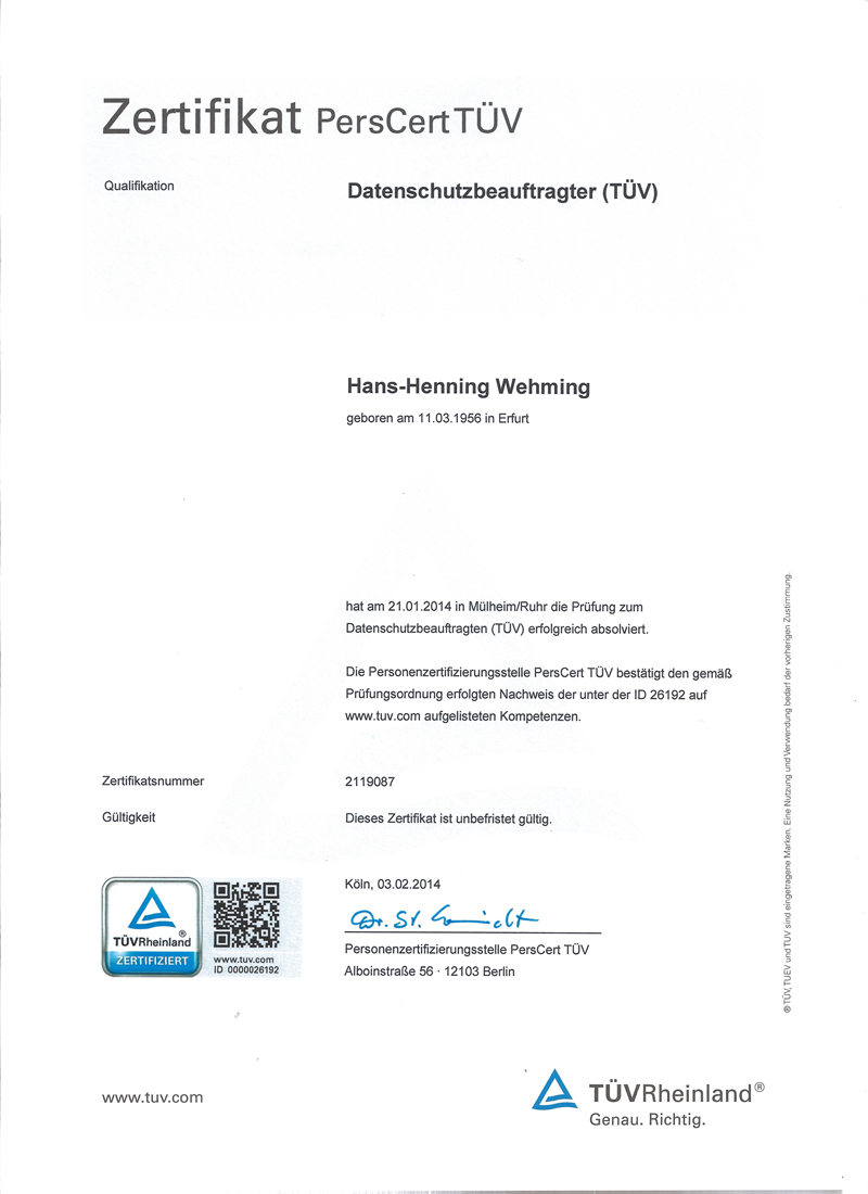 Datenschutz-Zertifikat Henning Wehming